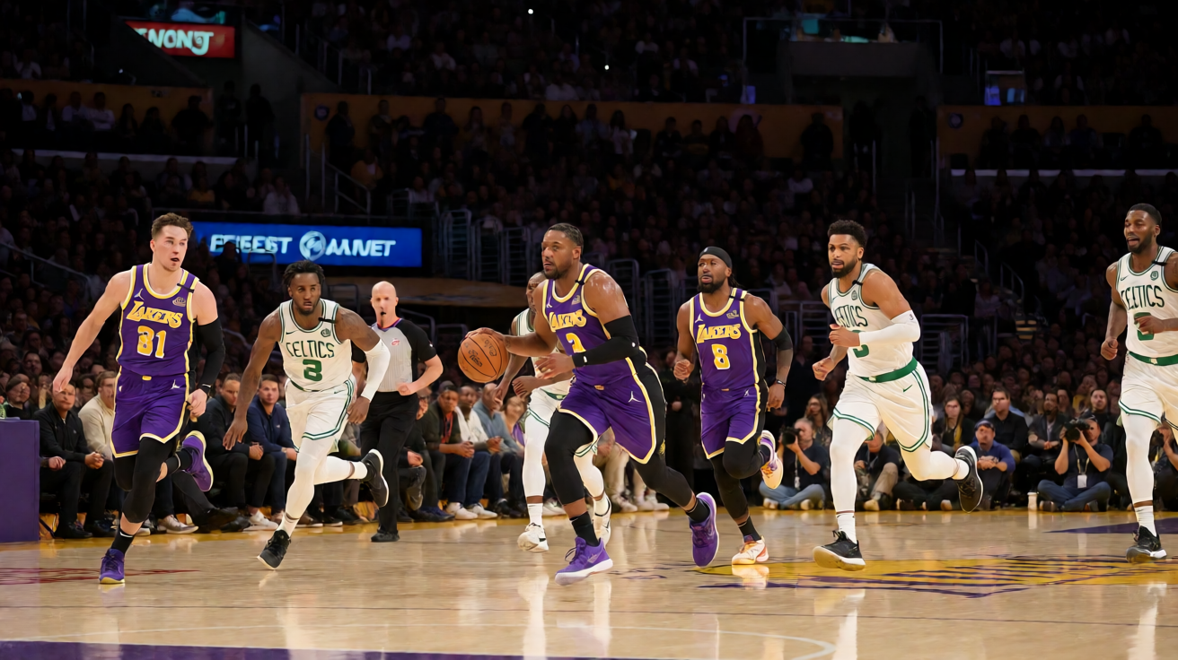 NBA湖人队与凯尔特人队激烈对抗比赛现场